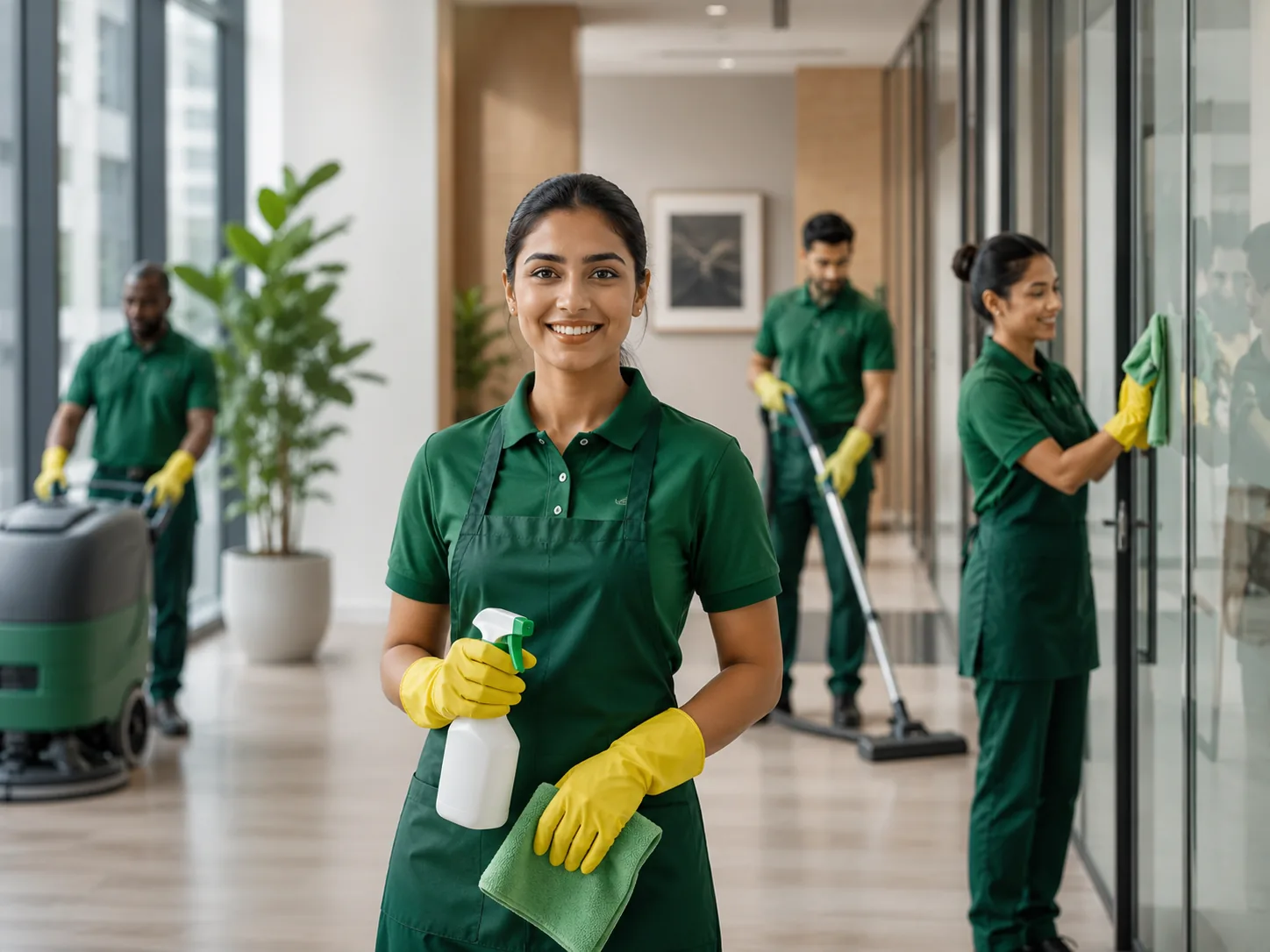 Professional cleaning team working in a modern commercial interior