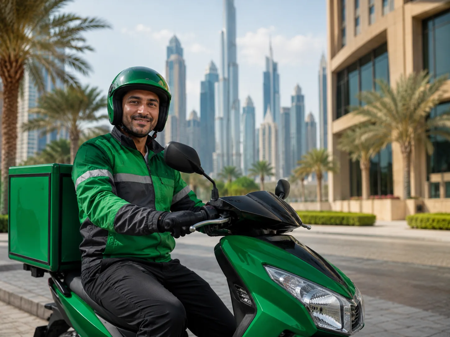 Bike rider on a delivery scooter in a modern UAE-style city setting