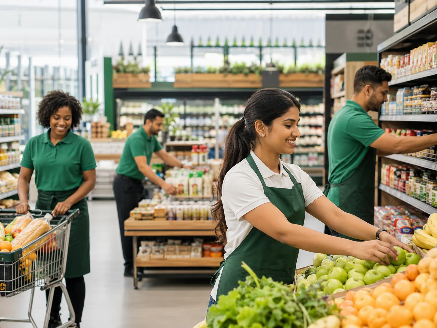 Supermarket helpers stocking shelves and arranging produce