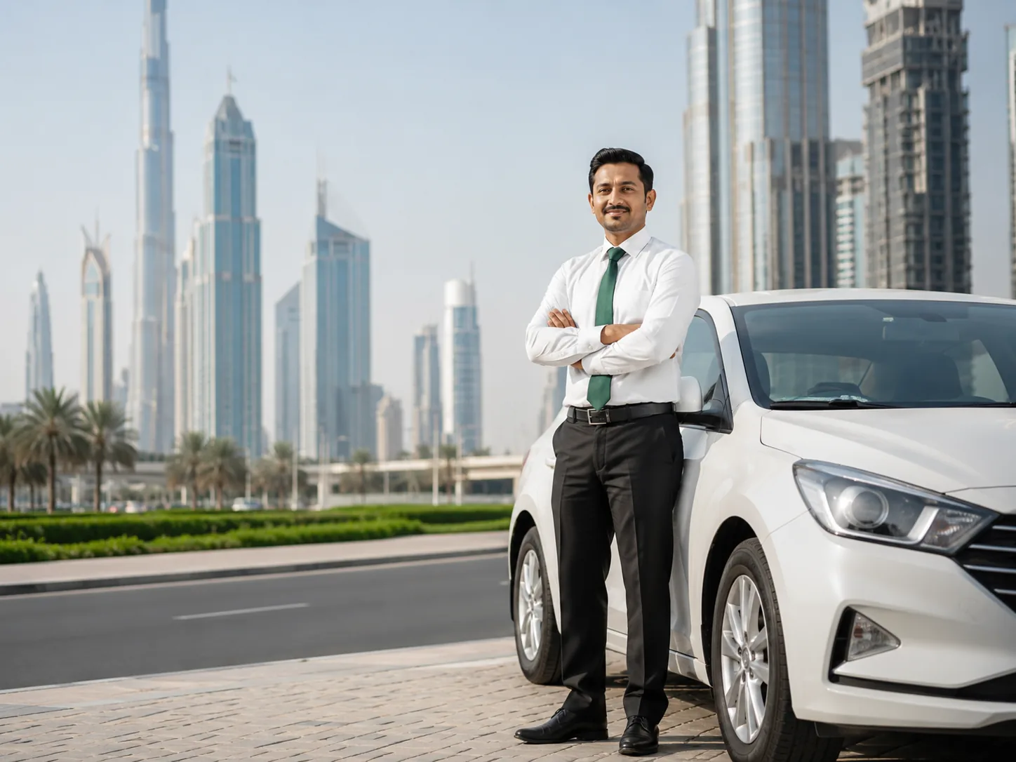 Professional taxi driver standing beside a clean modern sedan