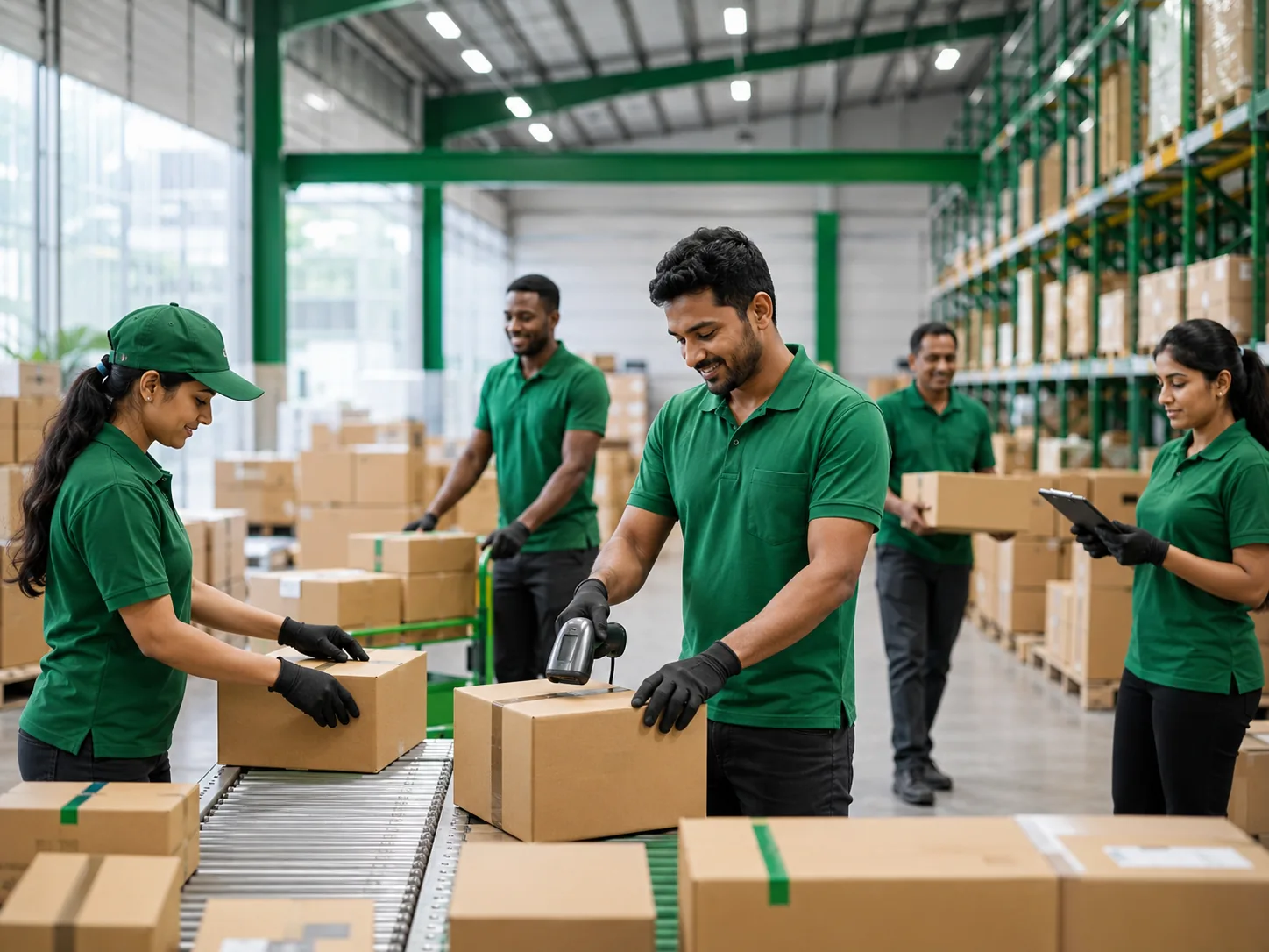 Warehouse helpers sorting and scanning cartons in a logistics warehouse